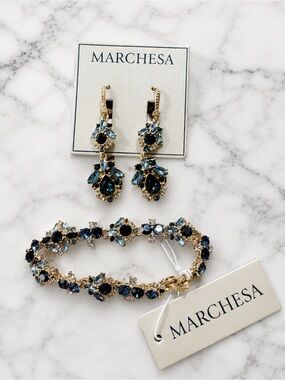 Marchesa Gold-Tone Blue Crystal Cluster Statement Earrings and Matching Bracelet